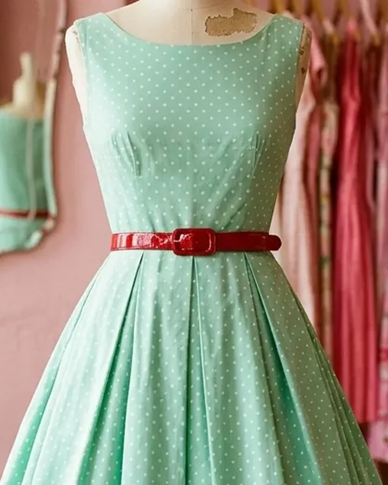 Vestido menta con un cinturón de charol rojo cereza