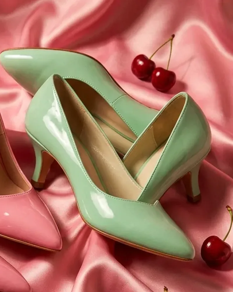 Kitten heel menta y salón rosa sobre satén