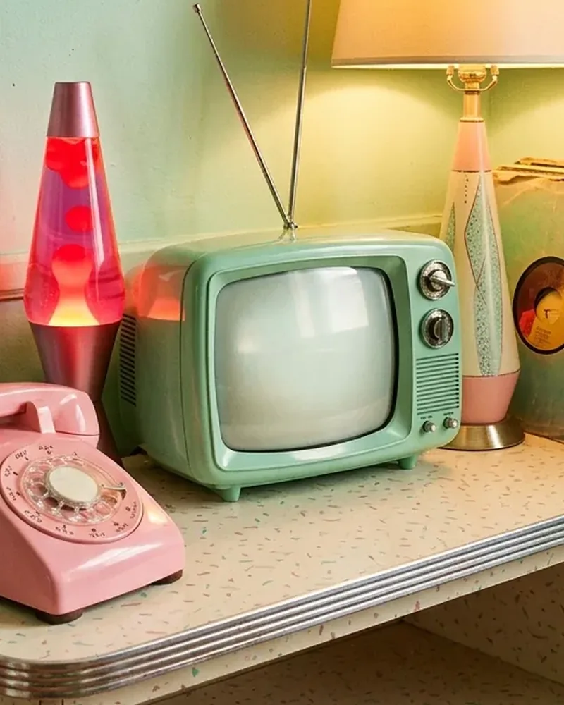 Televisor retro en color menta sobre una estantería
