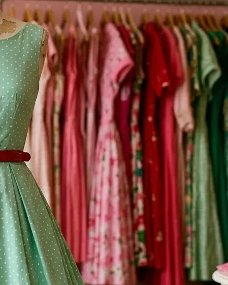 Vestidos estampados en rosa y verde colgados en una percha